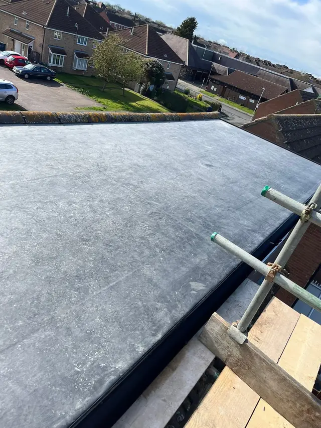 Long completed flat roof photographed from above
